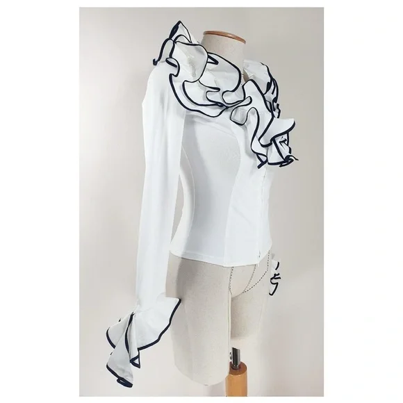 Anne Fontaine White and Black Ruffled Long Sleeve Blouse